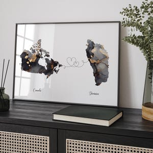 Kaart Canada en Dominica zwart-gouden reiskunst aan de muur | Canadees | Minimalistisch decor | Internationale reiskunst