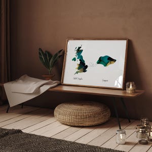 Großbritannien und Singapur Karte Grün & Gold Reise Wand Kunst Druck | Vereinigtes Königreich | Reisen Umzug Geschenk