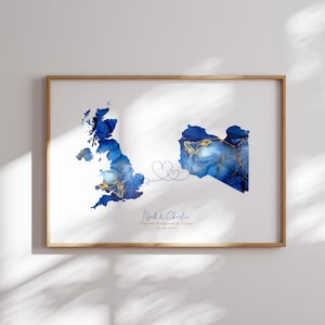Verenigd Koninkrijk en Libië kaart blauw en goud reizen muurkunst print | Verenigd Koninkrijk | Cadeau voor op reis verhuizen
