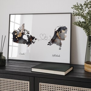Carte du Canada et des Pays-Bas, impression d'art mural de voyage noir et or | Canadienne | Décoration minimaliste | Art du voyage international