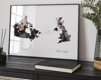 Canada and United Kingdom Map Black & Gold Travel Wall Art Print | Canadian | Minimalist Decor | International Travel Art