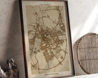Medina, Al Madinah Map | Vintage Beige Detailed Map Print | Saudi Arabia | Travel Gift