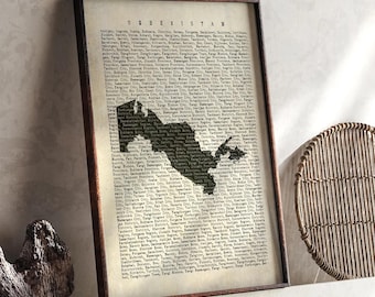 Mappa dell'Uzbekistan / Mappa tipografica beige vintage con nomi di città / Poster di viaggio dell'Uzbekistan / Stampa artistica da parete