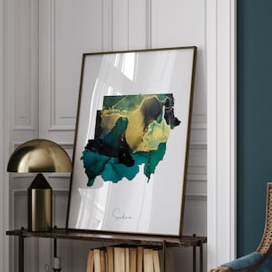 Impresión de arte mural en verde esmeralda y dorado con el mapa de Sudán