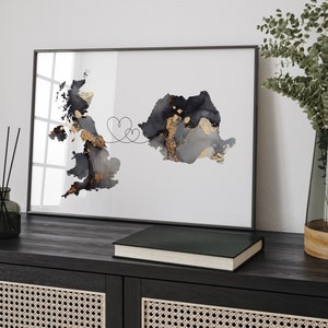Großbritanien und Rumänien Karte Black & Gold Travel Wall Art Print | Vereinigtes Königreich | Großbritanien