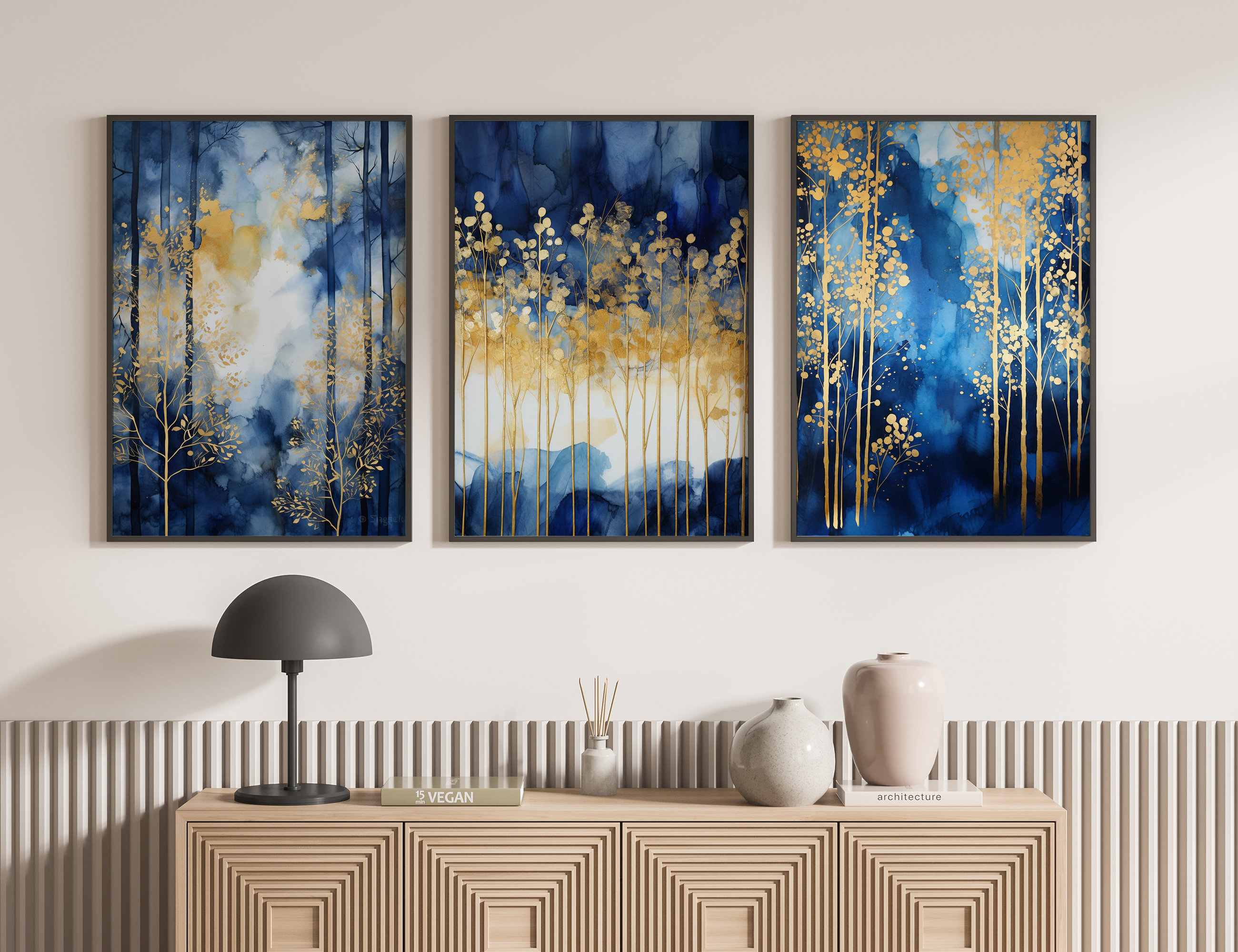 Set of 3 Navy Blue & Gold Wall Art | Forest Theme Navy Blue Wall Art ...
