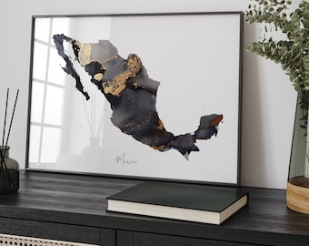 Mexico Map Black & Gold Wall Art Print [EV]