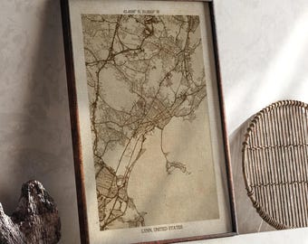 Lynn, Massachusetts Map | Vintage Beige Detailed Map Print | United States Wall Art | Travel Gift