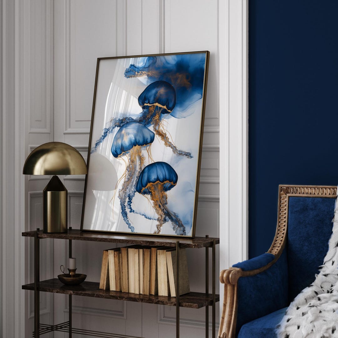 Photo inspiration: Blue Fish Ocean Inspired Decorative Item Reference: Blue Gold Jellyfish Wall Art Print Abstract Ocean Inspired Decor