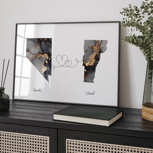 Nevada und Vermont Karte Schwarz & Gold Reise Wand Kunst Druck | Nevada | Reisen Umzug Geschenk