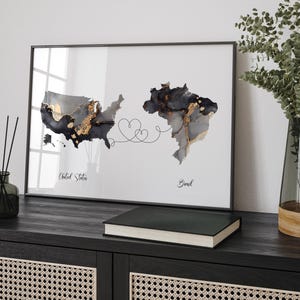 USA and Brasil Map Black & Gold Travel Wall Art Print | United States | America | Travel Moving Home Gift