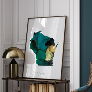 Carte du Wisconsin, impression d'art mural vert émeraude et or | État américain | Etats-Unis | États-Unis d'Amérique