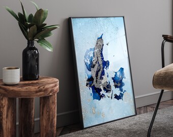 Denmark Map Shades of Blue & Silver Wall Art Print