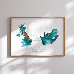Gepersonaliseerde kaartafdruk | Aangepaste kaart van twee landen of Amerikaanse staten Teal & Gold Travel Wall Art Print | Huwelijksverlovingscadeau