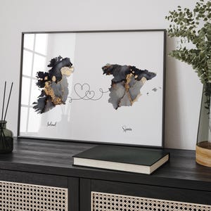 Impresión de arte mural de viaje en negro y dorado con mapa de Irlanda y España / Irlanda / Regalo de viaje para mudanza a casa