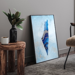 Kaart Palestina: blauw en zilveren muurkunstprint