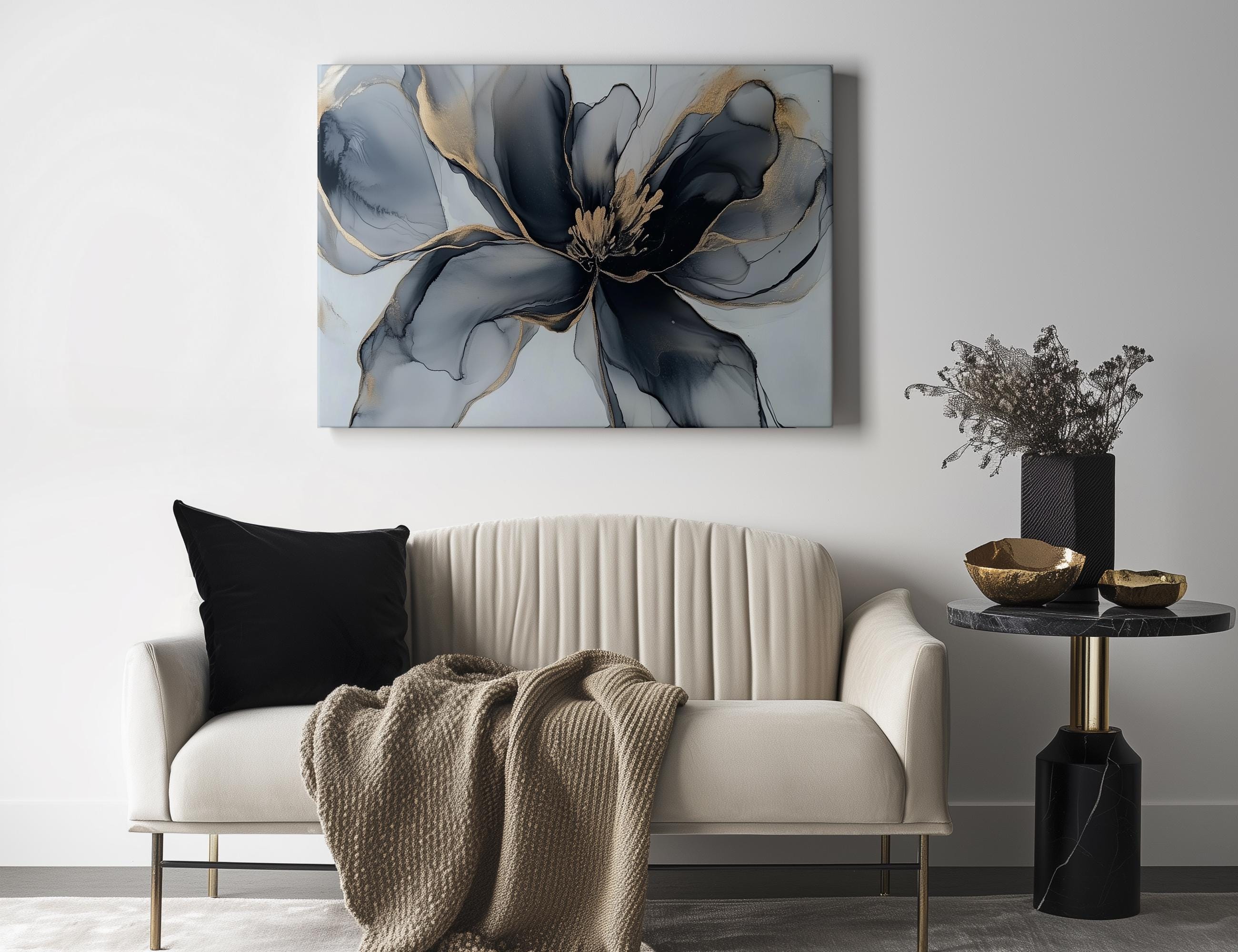 Navy Blue & Gold Floral Canvas Wall Art | Abstract Elegant Flower ...
