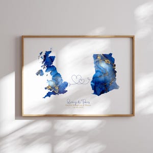 Großbritannien und Ghana Map Blue & Gold Travel Wall Art Print | Vereinigtes Königreich | Reisen Umzug Geschenk