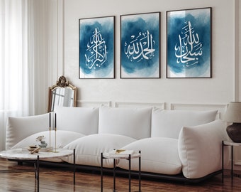 Set of 3 Blue & White Arabic Calligraphy Islamic Wall Art Print Watercolour Tasbeeh Subhanallah Alhamdulillah Allahhuakbar Prints