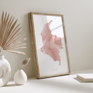 Mapa da Colômbia Rosa e Dourado Impressão de Arte de Parede