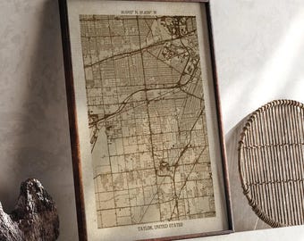 Taylor, Michigan Map | Vintage Beige Detailed Map Print | United States Wall Art | Travel Gift