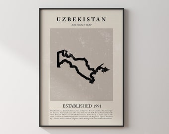 Stampa artistica da parete vintage con mappa astratta dell'Uzbekistan, poster di viaggio ispirato a Picasso + Matisse
