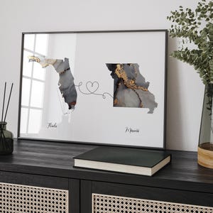 Kaart Florida en Missouri zwart en goud reizen muurkunst print | Florida| Cadeau voor op reis verhuizen