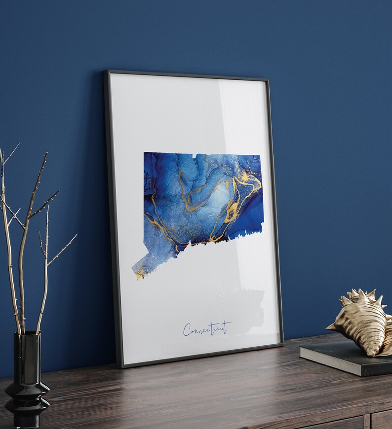Connecticut Map Blue and Gold Wall Art Print | US State | United States ...