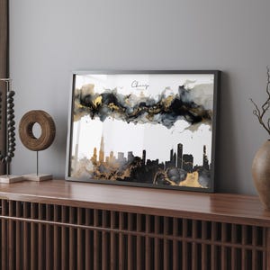 Impresión artística de pared con el horizonte de Chicago en negro y dorado / EE. UU. / Estados Unidos