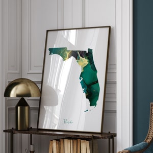 Florida kaart smaragdgroen en goud kunst aan de muur | Amerikaanse staat | VS | Verenigde Staten van Amerika