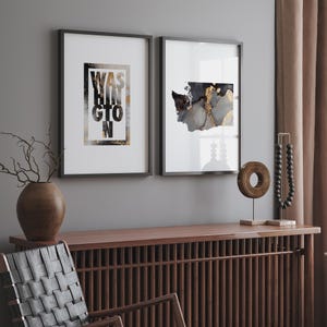 2er-Set Washington Black & Gold Wall Art | Washington Karte | Washington Skyline | Washington Typografie | illium | USA