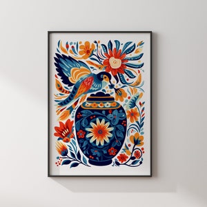 Arte mural mexicano / Patrón de jarrón de Talavera con forma de colibrí / Impresión de arte mural de México / Decoración mexicana