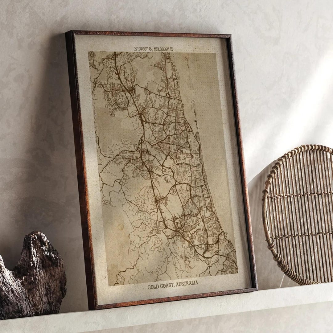 Gold Coast, Queensland Map | Vintage Beige Detailed Map Print ...