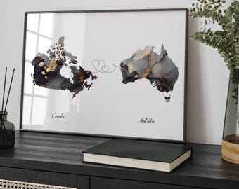 Canada and Australia Map Black & Gold Travel Wall Art Print | Canadian | Minimalist Decor | International Travel Art