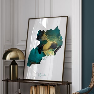 Carte de l'Ouganda, impression d'art murale vert émeraude et or