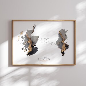 Carte de l'Ecosse et de la Tunisie, impression d'art mural de voyage noir et or | Écosse | Cadeau déménagement