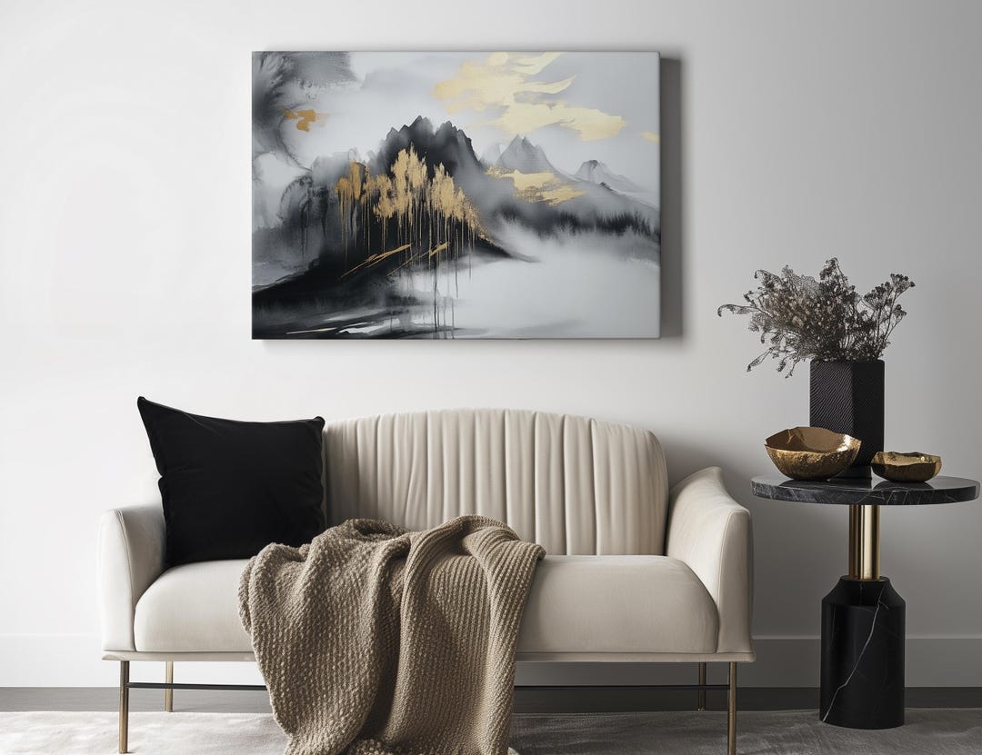 Silver & Gold Abstract Mountain Canvas Wall Art | Nature-inspired Decor ...