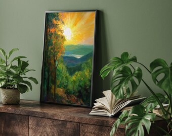 Impression d'art murale paysage vert vif et lever de soleil doré | Décoration inspirée de la nature