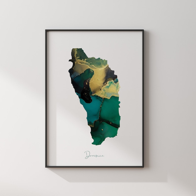 Dominica Map Emerald Green and Gold Wall Art Print Etsy