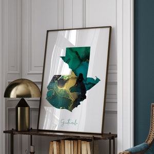 Impresión de arte mural en color verde esmeralda y dorado con el mapa de Guatemala
