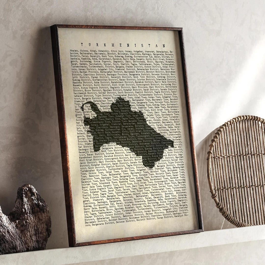 Turkmenistan Map | Vintage Beige Typography Map With City Names ...