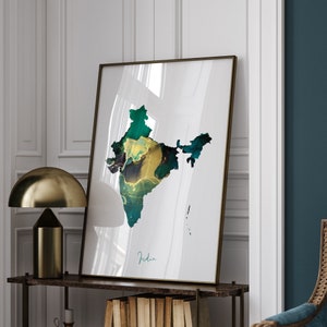 Impresión de arte mural en verde esmeralda y dorado con el mapa de la India