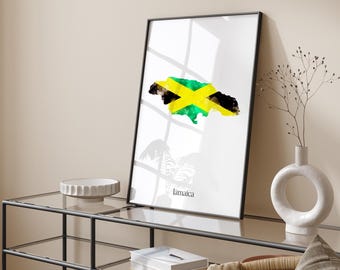 Jamaika Aquarell Flagge Karte Wand Kunst Druck | Jamaika Reiseposter