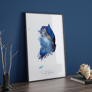 Südkorea Map Blau und Gold Wand Kunst Druck