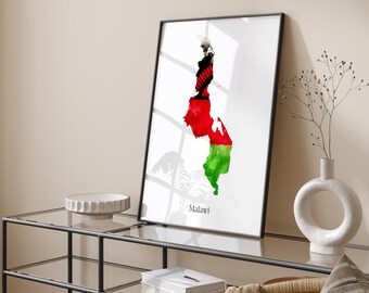 Malawi Watercolour Flag Map Wall Art Print | Malawi Travel Poster