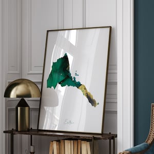 Impresión de arte mural en verde esmeralda y dorado con el mapa de Eritrea