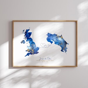 Großbritannien und Costa Rica Map Blue & Gold Travel Wall Art Print | Vereinigtes Königreich | Reisen Umzug Geschenk