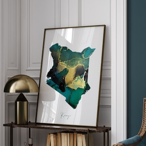Carte du Kenya, impression d'art murale vert émeraude et or