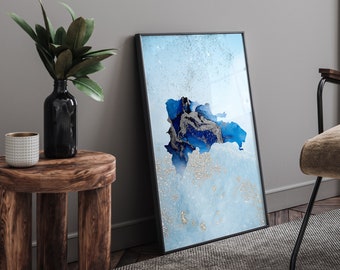 Dominican Republic Map Shades of Blue & Silver Wall Art Print