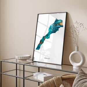 Impression d'art murale carte du Maroc turquoise et or